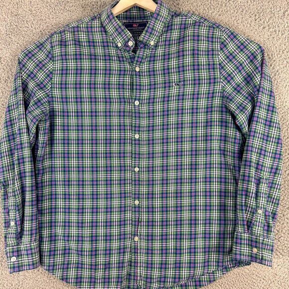 Vineyard Vines Shirt Mens Large Blue Plaid Slim Fit Whale Button Down Flannel - Picture 2 of 13